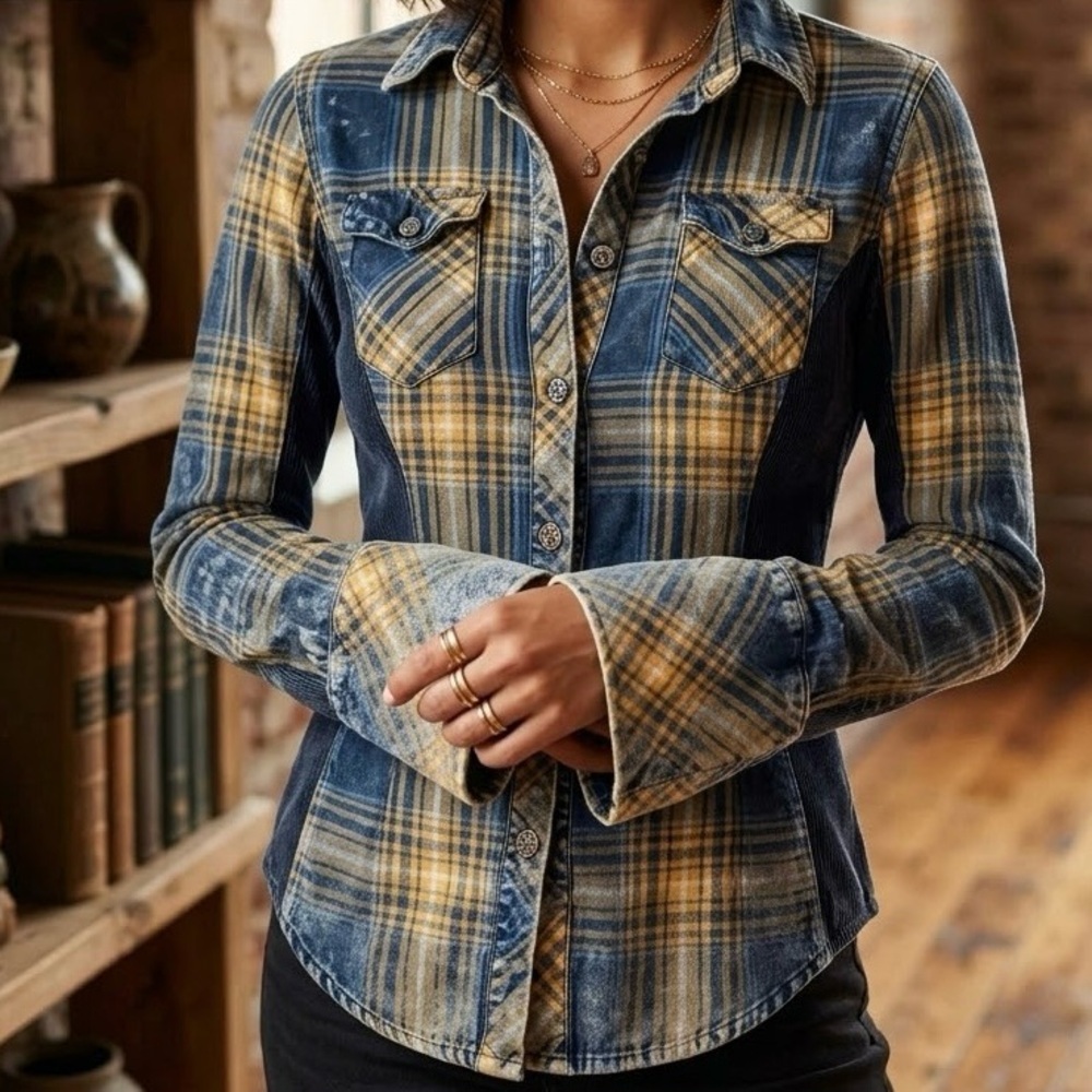 Ci Sono Mixed Media Denim Plaid Flannel Shirt Distressed Boho Western Cowgirl
